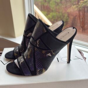 Via Spiga Black and Purple Mules with Elegant Stiletto Heel